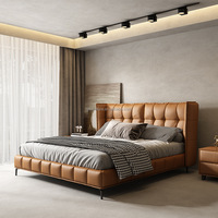 Cama Doble de Lujo Moderna con Tapicería de Cuero, Estructura de Madera Ecológica, Suave y Minimalista para Recámara Principal, de Alta Gama y Ambiente Sofisticado