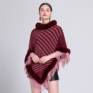 Pull en acrylique à col fourré, tricoté, chaud, coupe-vent, à rayures, avec franges, châle, cape, veste pour <span class=keywords><strong>femme</strong></span> - Product Image 6