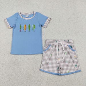 En stock, vêtements assortis pour enfants, broderie en forme d'hameçon de pêche, plaid, vêtements d'été pour enfants, vente en gros, boutique pour tout-petits, vêtements de mode pour enfants - Product Image 2