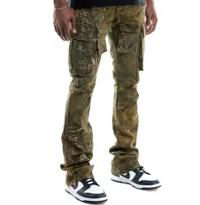 HG OEM/ODM çift cep kargo pantolon camo flare skinny jeans kamuflaj kargo yığılmış kot