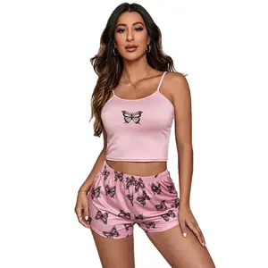 European and American large size foreign trade summer suspender shorts suit soft drape butterfly printed pajamas two-piece set