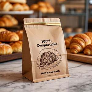Bolsa de pie de papel Kraft biodegradable ecológica personalizada con cerradura de lazo de estaño de laminación para tostadas de panadería y embalaje de croissant - Product Image 2