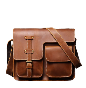 Sac bandoulière messager vintage en cuir véritable pour homme, style moto, multi-poches, petit logo boutonné, tendance, style national - Product Image 1