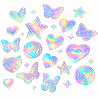 Feuille d'autocollants holographiques laser en gros, motifs papillon, cœur, étoile, arc-en-ciel, irisés, imperméables, impression personnalisée OEM, MOQ 100