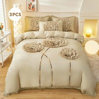 Parure de lit de mariage 3 pièces, style princesse, avec volants décontractés et fleurs 3D, comprenant housse de couette et taies d'oreiller décoratives, motif floral 3D