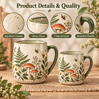 Collection de tasses en céramique illustrées à la main avec motif champignon forestier et glaçure mouchetée – Tasses en porcelaine personnalisées sur le thème de la forêt, vente en gros