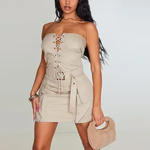 Women Sexy Slim Fitted Strapless Bandage Casual Dresses Apricot Cargo Belted Wrap Hip Mini Bodycon Dress