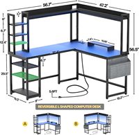 Bureau en forme de L avec prise de courant Bureau de jeu avec lumière LED et clapier Bureau à domicile réversible Bureau d'angle Table d'ordinateur avec étagère
