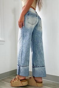 Shewin - Jeans de mezclilla de punto al por mayor para mujer, de tiro alto, con botones y cremallera, lavado medio, para fiesta de verano, casuales, de pierna recta - Product Image 2