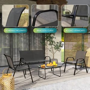 Ensemble salon de jardin 4 places en textilène avec canapé 2 places, 2 chaises et table basse en verre - Product Image 5