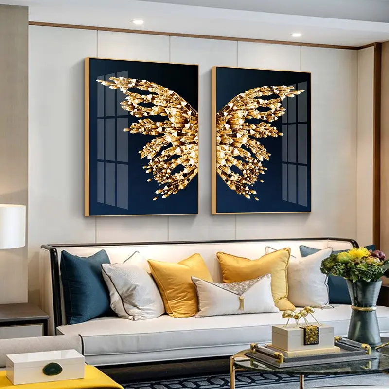 Wholesale Crystal Porcelain Real Beautiful Butterfly Acrylic Glass Wall Art Aluminum Frame Painting for Luxury Room Decoration