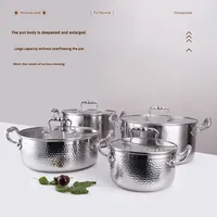 Marmite à double anse en acier inoxydable 316 avec couvercle, motif martelé épaissi, compatible induction et gaz, pour soupes, nouilles et ragoûts