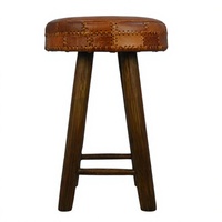 Tabouret de bar en cuir style rétro ferme, siège rond surpiqué, pieds en bois, hauteur de comptoir pour restaurant et bar