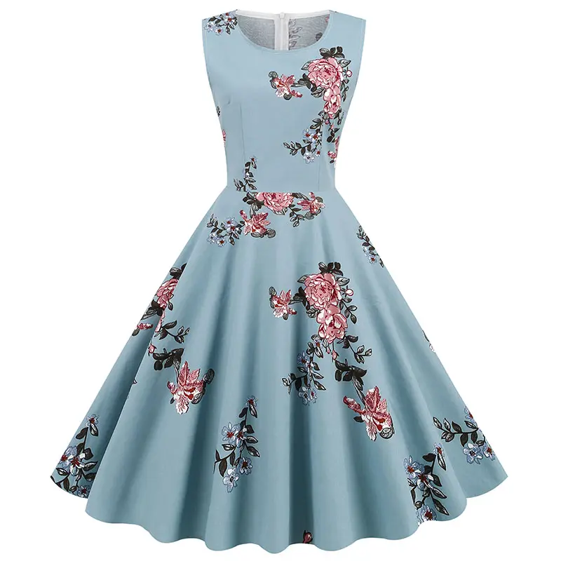 Vintage 1950s 60s floral print Dress Retro Rockabilly Sleeveless Dress for women