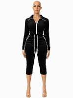 Ensemble deux pièces en velours pour femme : veste zippée à manches longues et pantalon capri, survêtement en velours pour la détente