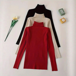Pull à col haut pour femme, coupe ajustée, manches longues, couleur unie, anti-boulochage, tricoté, couche de base, automne-hiver - Product Image 1