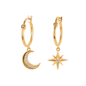 Boucles d'oreilles pendantes ROXI plaquées or 18 carats, bijoux en argent 925 avec zircon CZ, boucles d'oreilles lune et étoile - Product Image 1
