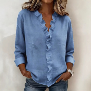 Chemise décontractée pour femmes, à volants, à manches longues respirantes et au design simple, pour le printemps et l'été, nouveau style - Product Image 3
