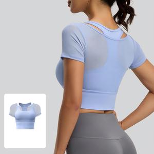 Women Mesh 2 In 1 Short Sleeve Yoga Crop Top with Built In Bra <b>Pads</b> Breathable Gym Workout Top Running Sports Pilates Shirt - Product Image 1