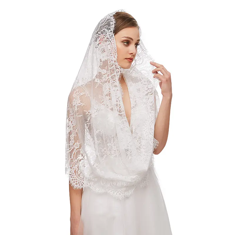 Wit Zwart Mousseline Kant Wedding Bridal Veil Vrouwen Hoofd Gewikkeld Sjaal Infinity Sluier