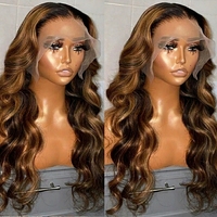 Perruque en cheveux humains ondulés avec dentelle HD 13x6, ombré noir avec mèches balayage, pré-épilée, cheveux vietnamiens pour femmes noires