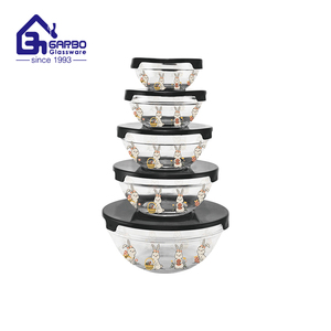 Nhà máy trực tiếp số lượng lớn giá 5 cái bát thủy tinh đặt Hot Bán 5 cái salad trộn bát với Bìa tùy chỉnh Decal rõ ràng bát thủy tinh đặt - Product Image 3