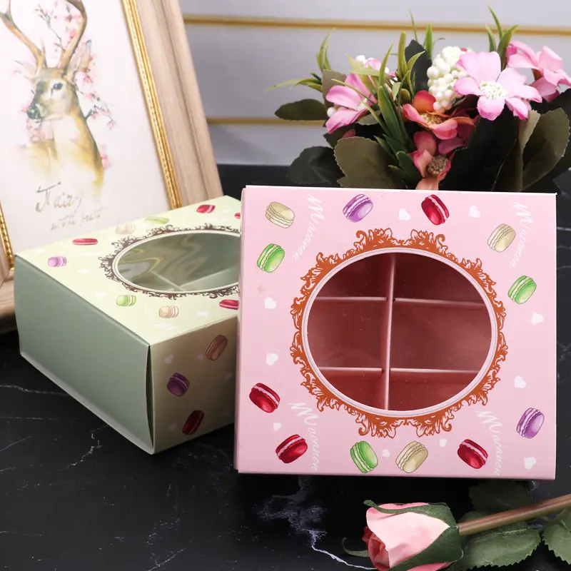 6 Holes Macaron Box With Transparent Window Pink Green Paper Container Packaging For Cookies Chocolate