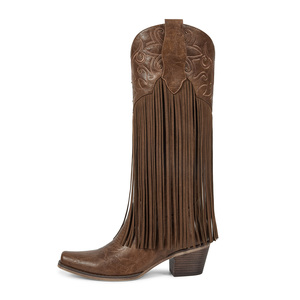 WETKISS Bottes de cowgirl occidentales pour femmes, à bout pointu, à franges longues, hauteur genou, avec fermeture éclair latérale et talon épais rétro, vente en gros - Product Image 2