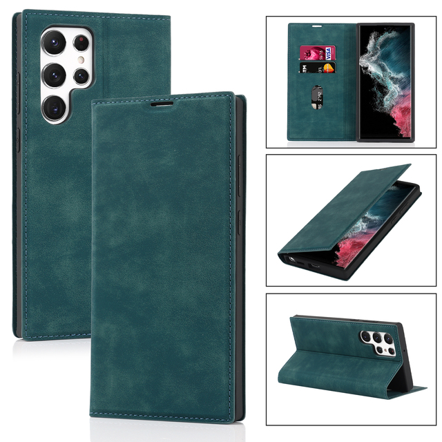 GSCASE Strong Magnetic Leather Flip Case Shockproof Cover Wallet Case with Card Holder for Samsung S22 S22 Plus Ultra