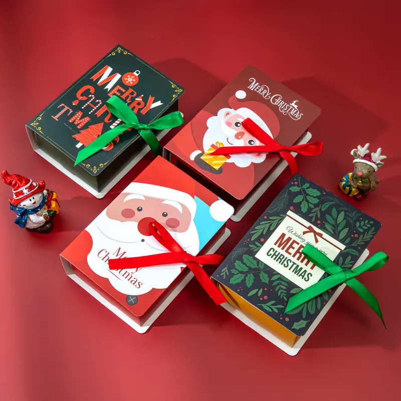 Cajas de embalaje de regalo de caramelo de chocolate de decoración de Navidad roja personalizada caja de papel de chocolate de Navidad con cinta
