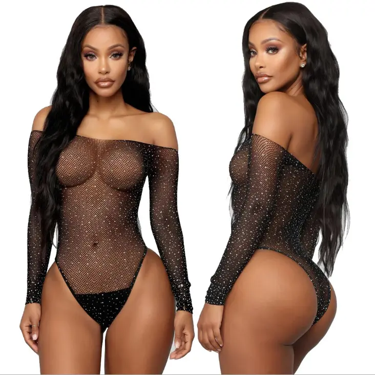 New Listing High Quality Transparent Lace Long Sleeve One Piece Bodysuit Women Hot Sexy Lingerie