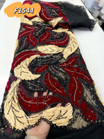 Tissu en tulle noir F1544 en gros avec broderie de feuilles 3D perlées et sequins, patchwork en maille avec velours pour robe de soirée africaine