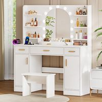 Meuble-lavabo blanc moderne avec 11 lumières LED et miroir en verre en forme d'arc |   Coiffeuse avec prises électriques intégrées pour chambre à coucher