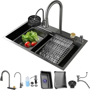 Complete Whole Set Waterfall Kitchen Sink Big Single Bowl with Dish Rack Under Mount Sinks Stainless Steel Modern Polished