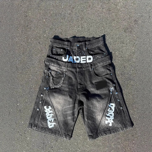 Pantalones Cortos de Mezclilla Negros Holgados Personalizados para Hombre, de Alta Calidad, 100% Algodón, Doble Cintura, Estampado <span class=keywords><strong>Jaded</strong></span>, con Pedrería, Estilo Urbano - Product Image 3