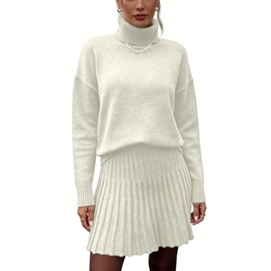 Women's 2 Piece <b>Knit</b> <b>Set</b> - Turtleneck Sweater & Pleated Mini Skirt Womens Clothes Womens <b>Sets</b> Fashion - Product Image 4