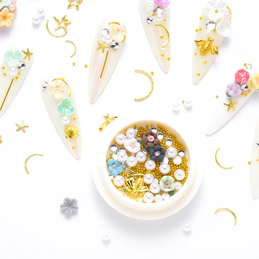 Hot sale 3D Micro Caviar Beads Shell Flowers Nail Decorations Mixed Pearl Metal Rivets Rhinestones For Women Girl Nail Art DIY