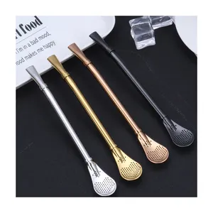 Low price customized logo 2 in 1 coffee brewing straw with strainer filter spoon stainless steel