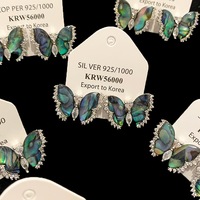 Boucles d'oreilles clous unisexes de luxe tendance style Hong Kong, plaqué platine, zircon, coquille d'ormeau des profondeurs, papillon, effet lueur aurore