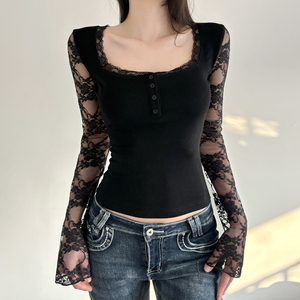 Top de manga larga con cuello cuadrado y patchwork de malla estilo oscuro para mujer, ajustado y transparente, a la moda - Product Image 1