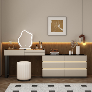 Coiffeuse en bois massif couleur crème avec commodes intégrées, bureau de maquillage, miroir LED en forme de nuage, durable et écologique - Product Image 6