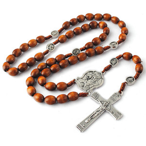 Religious <strong>Necklace</strong> Dark Brown Wooden Beads <strong>Rosary</strong> for <strong>Men</strong> with Anti-Silver Virgin Mary Medal - Product Image 3