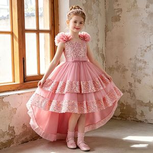 Robe de princesse pour filles, robe de bal à sequins, col halter, en tulle, pour fête d'anniversaire, robe de cérémonie avec traîne et nœud 9003 - Product Image 1