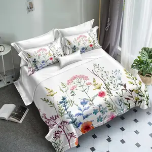Ganzjährige Polyester Schöne Blumen bedruckte weiße Bett bezug Sabanas Bettwäsche-Sets für Kingsize-Bett
