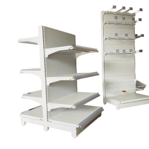 Étagère de présentation double face avec étagères métalliques perforées au dos, structure rectangulaire autoportante avec revêtement époxy - Product Image 1