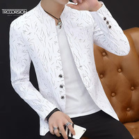 Blazer sin Cuello para Hombre ODM, Tejido Jacquard con Hilo Metálico Dorado, Azul Cobalto, Sin Solapas, Hombros Estructurados, Estilo Casual Elegante