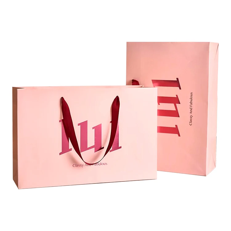 luxury kraft square bottom pink paper cosmetic gift bag with handles satin drawstring bag custom logo