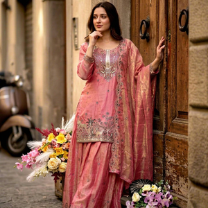 Ensemble Salwar en Soie Brodé Rose avec Dupatta, Coupe Ample, Tenue Traditionnelle Indienne et Pakistanaise pour Femme, Longueur au Sol - Product Image 1
