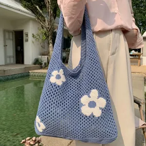 अनुकूलन हॉट सेल बीच बैग महिलाओं के होबो हैंडबैग फैशन मेष फूल बुना हुआ क्रोकेट बीच टोट बैग