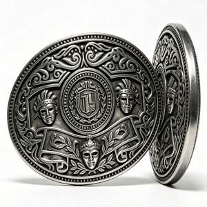 Hebilla de cinturón de aleación de zinc plateada antigua con diseño de máscaras y escudo en relieve, insignia redonda para coleccionismo artístico - Product Image 4